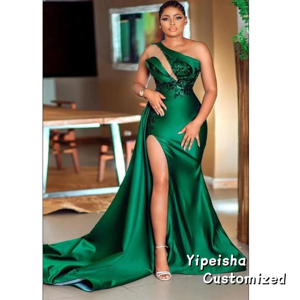 

Customized Green Satin Mermaid Prom Dresses One Shoulder Sequins Evening Dress High Split Special Occasion Gowns