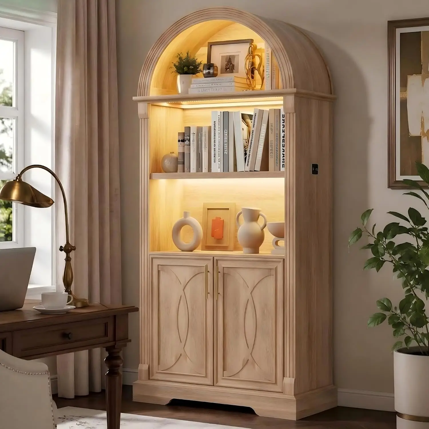 71 Inch Wooden Kitchen Pantry Cabinet with Arched Doors, 3 Color LED Lights, Motion Sensor and Adjustable Shelves