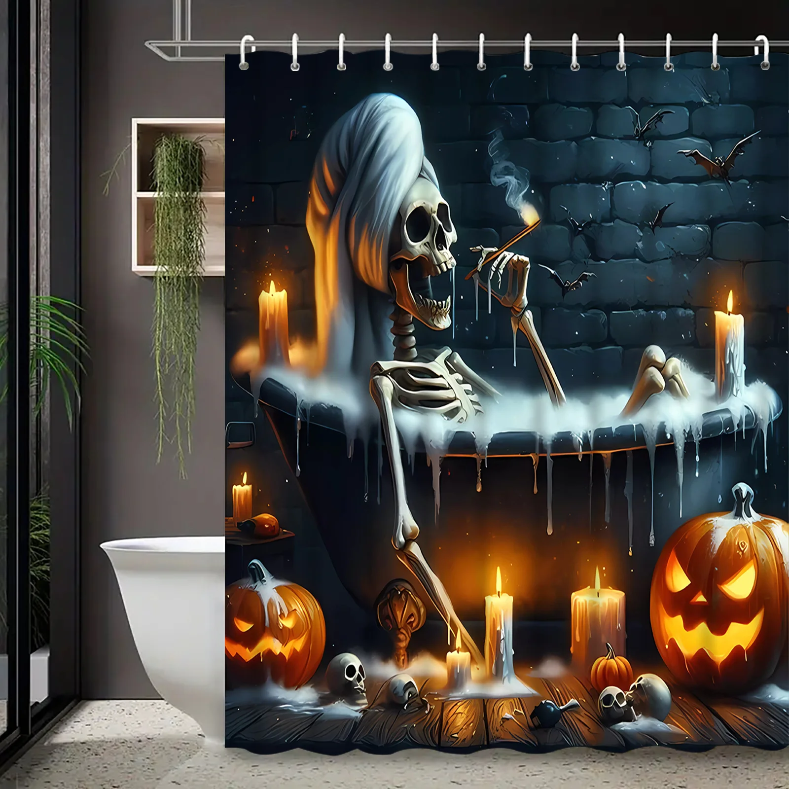 Halloween Skeleton Shower Curtain Polyester Printed Bathroom Decor Spooky Art Theme Home Bath Dark Fantasy Style