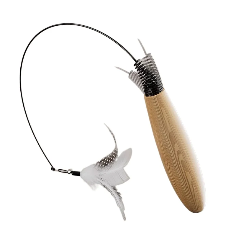 

Cat teaser long wooden handle spring steel wire removable