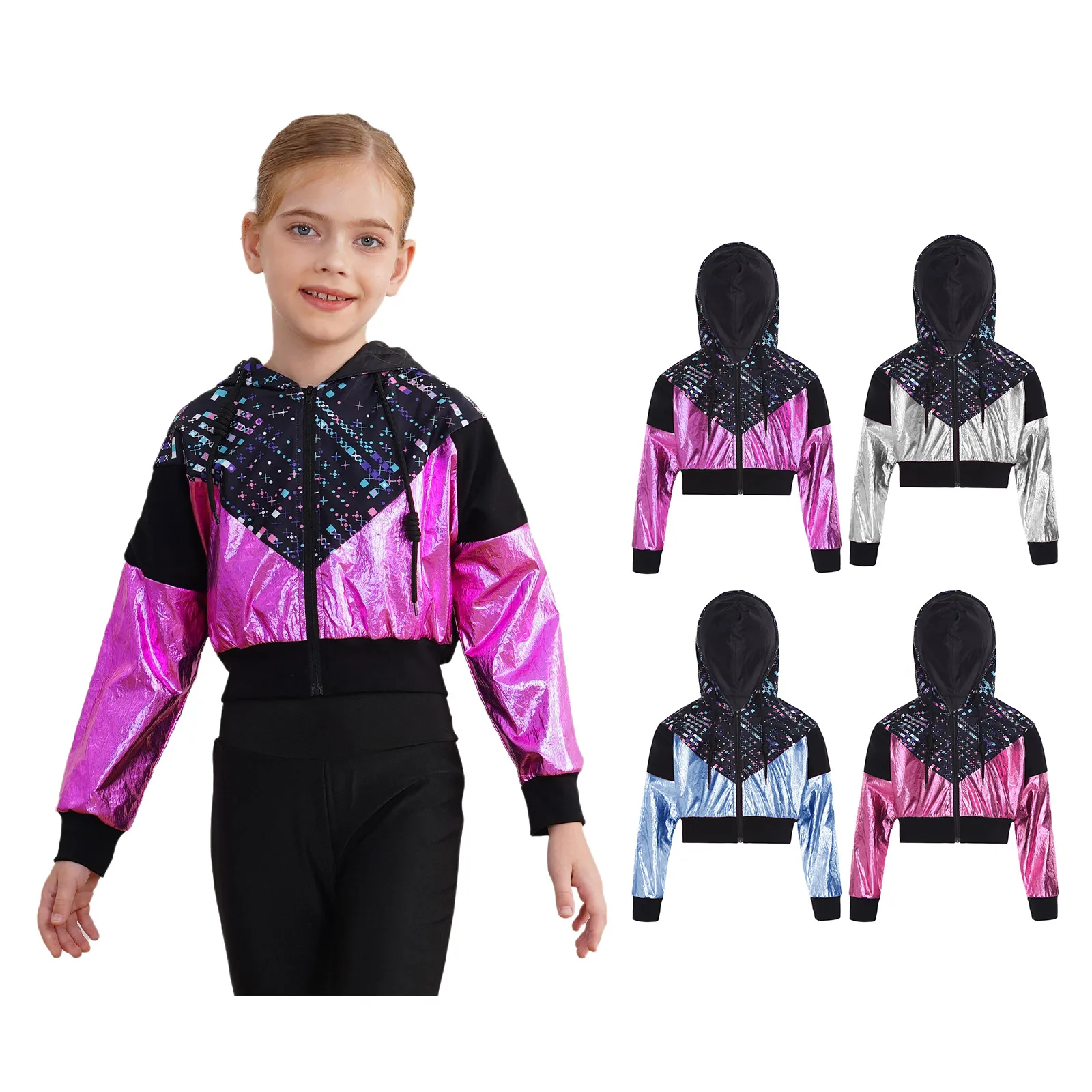 الفتيات مقنعين سحاب أكمام طويلة الهيب هوب ديسكو سترة الأزياء طباعة سترة قصيرة عارضة معطف الرقص ملابس خارجية لقاعة الرقص المرحلة