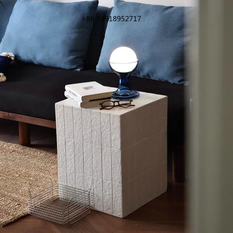 White Geometric Side Table Mosaic Pattern End Tables Modern Minimalist Coffee Table for Living Room Artistic Home Furniture