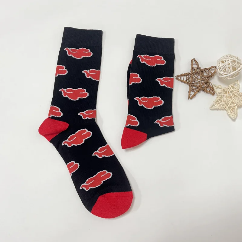 1 Pair Men\'s Red Auspicious Cloud Pattern, Fashion Personalized Mid-calf Socks Suit In All Seasons