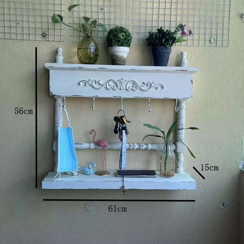 Vintage French Country Wall Mounted Shelf, White Distressed Wood, Decorative Hooks, Storage Display Rack, 24x6x22 Inch view 4