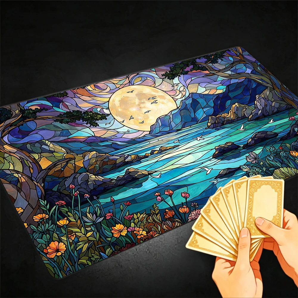 Artistic Full-Moon Nightscape TCG Playmat Magic Playmat Gathering Gaming Mat with Stitched Edge Anti-slip base Trading Card Game