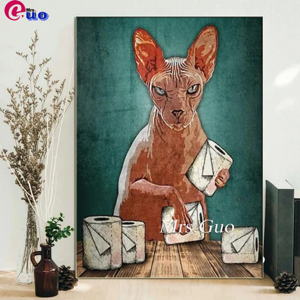 Toilet Rules Wall Art 5d Diamond Painting Funny Bathroom Animal Sphynx Cat Napkins Diamond Embroidery Mosaic Picture Home Decor