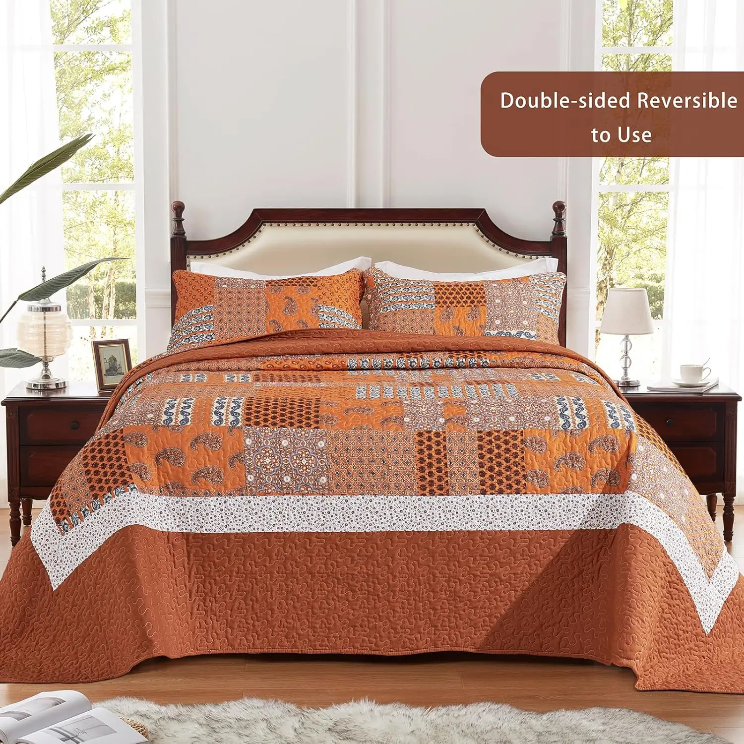 3 Pieces California King Size Quilt Set Burnt Orange Rust Oversized 120x120 Inch Bedspread Coverlet Lightweight Microfiber