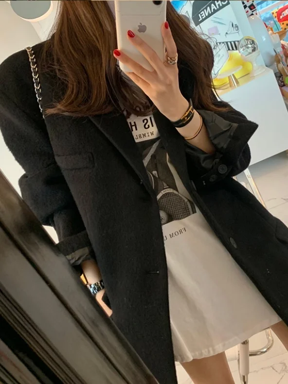 

Thickened Woolen Suit Jacket Women's Double-Breasted Loose Autumn Winter Cotton Lined Warm Mid-Length Fashionable Outerwear