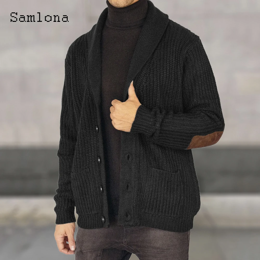 

Samlona 2023 Autumn New Knitting Sweaters Winter Warm Coats Mens Patchwork Top Cardigans Hommes Pocket Design Sweater Jumpers