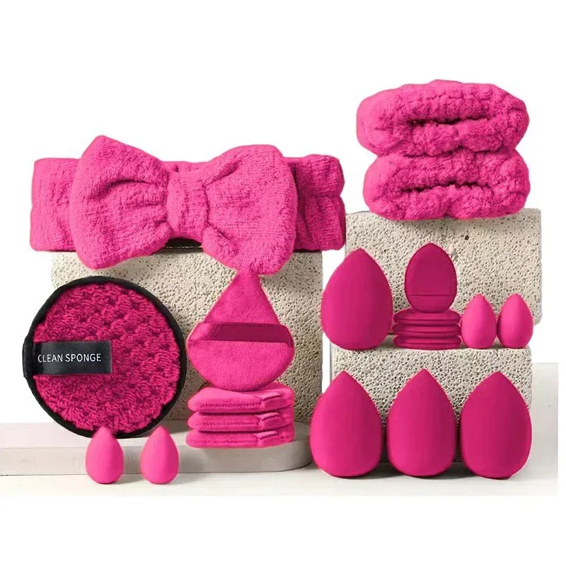 Kit d'outils de maquillage Rose rouge, 20 pièces, éponge de maquillage, bouffante de doigts, coussin d'air, bandeau, bracelet démaquillant, cadeau de vacances