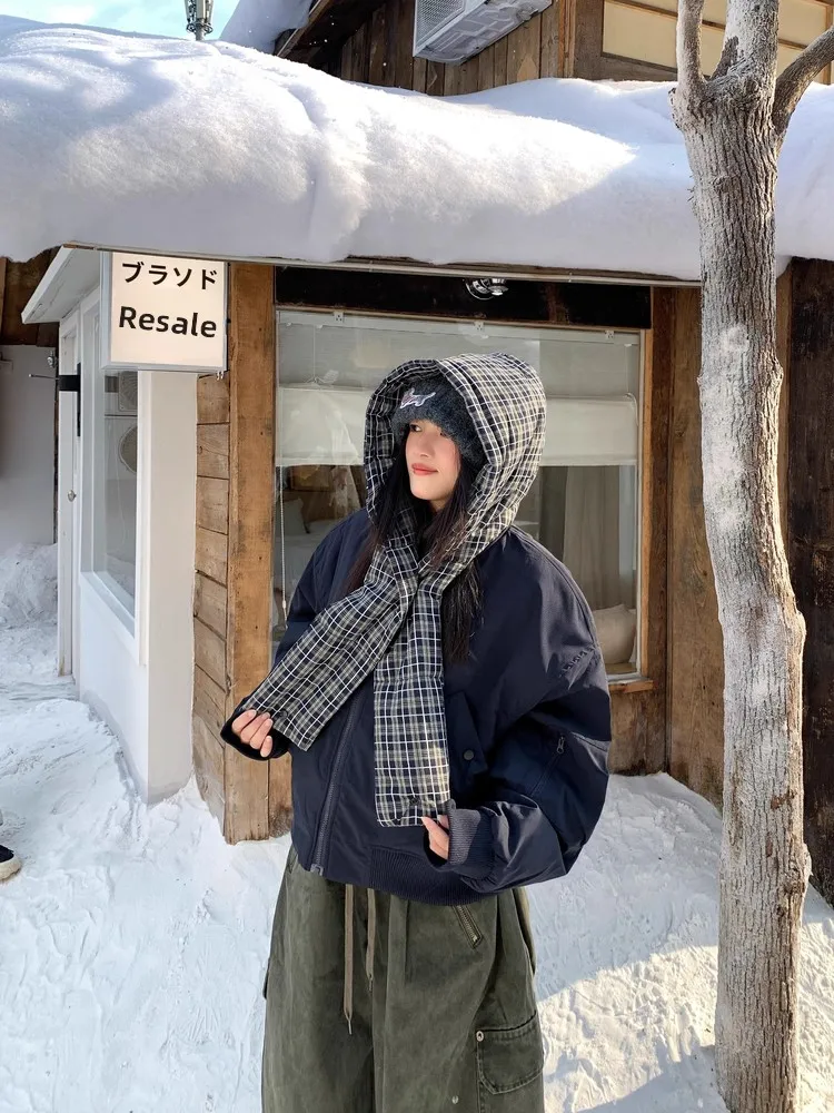 

Ретро американский клетчатый хлопковый джет с капюшоном, новый зимний шарф, свободная теплая хлопковая одежда, молодежная мода