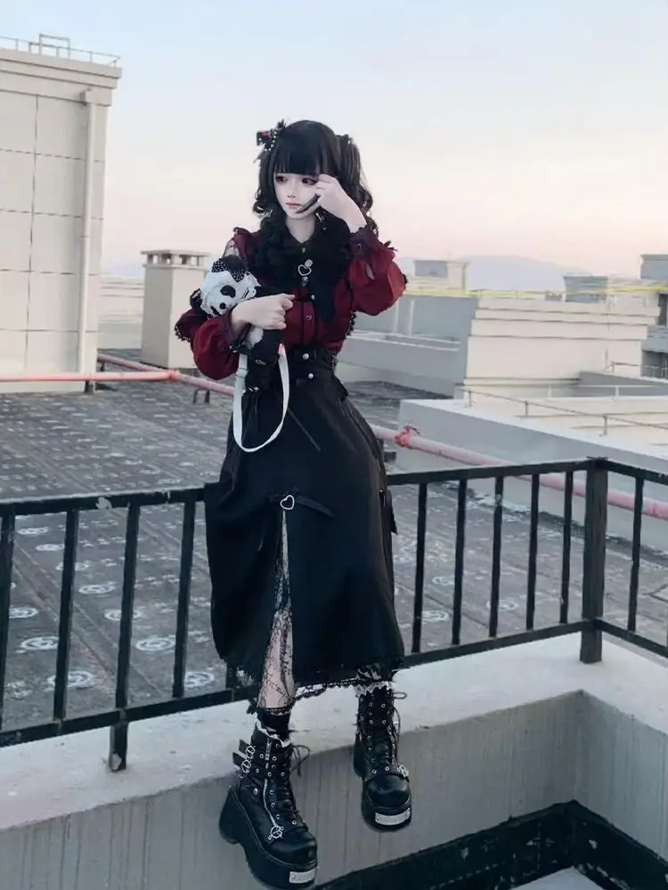 

Новый осенний женский комплект из двух предметов в стиле Лолита: кружевная блузка с длинным рукавом и юбка-трапеция с завышенной талией