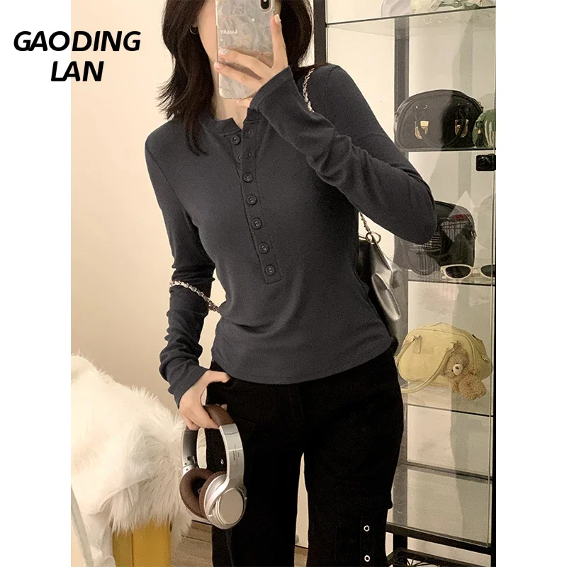 Vintage Button Half Open Collar Long Sleeve Women T Shirts Autumn Winter Elastic Slim Fit Female Tops Solid Color Bottom Tees