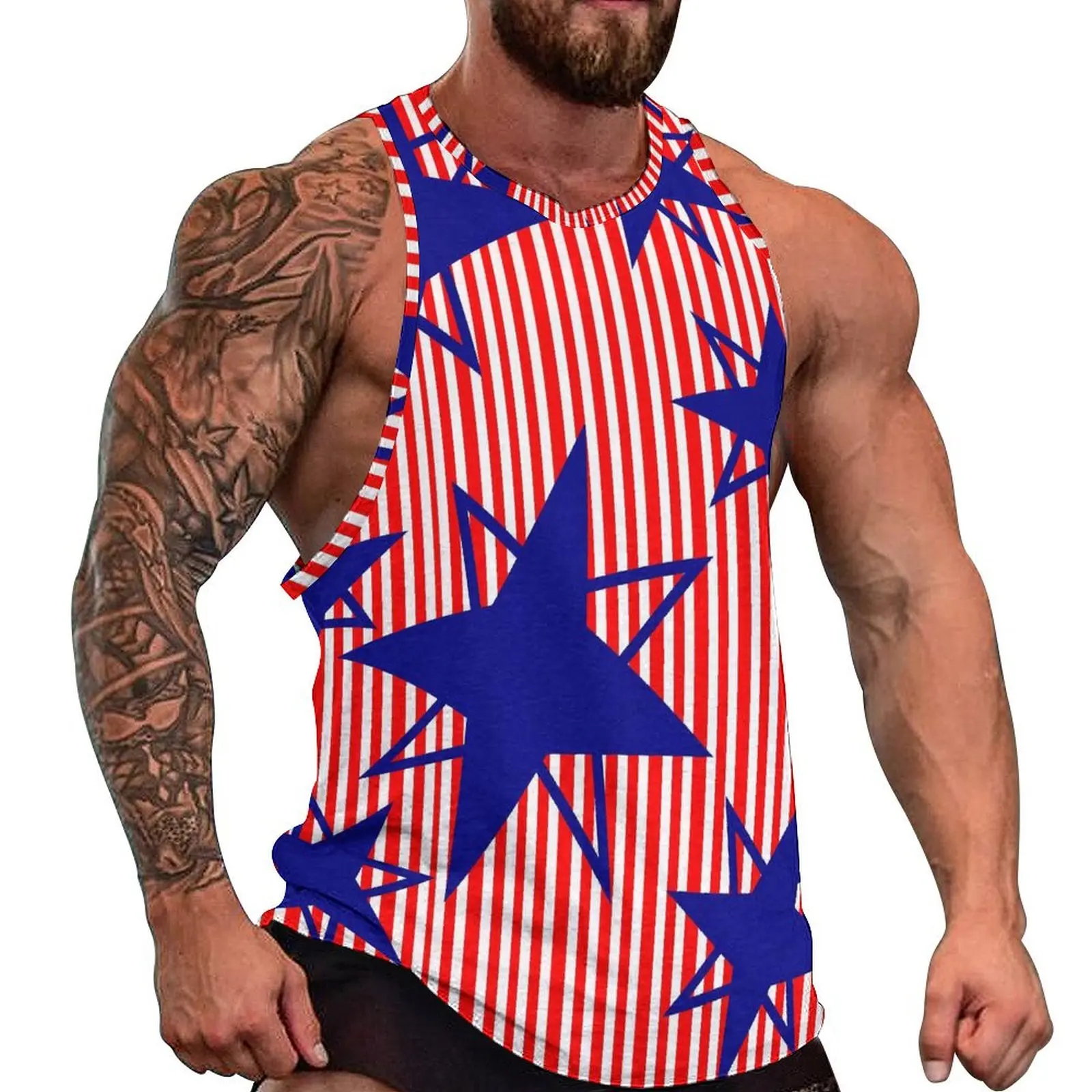 White And Red Striped Tank Top Man Blue Stars Fashion Tops Summer Bodybuilding Design Sleeveless Vests Big Size