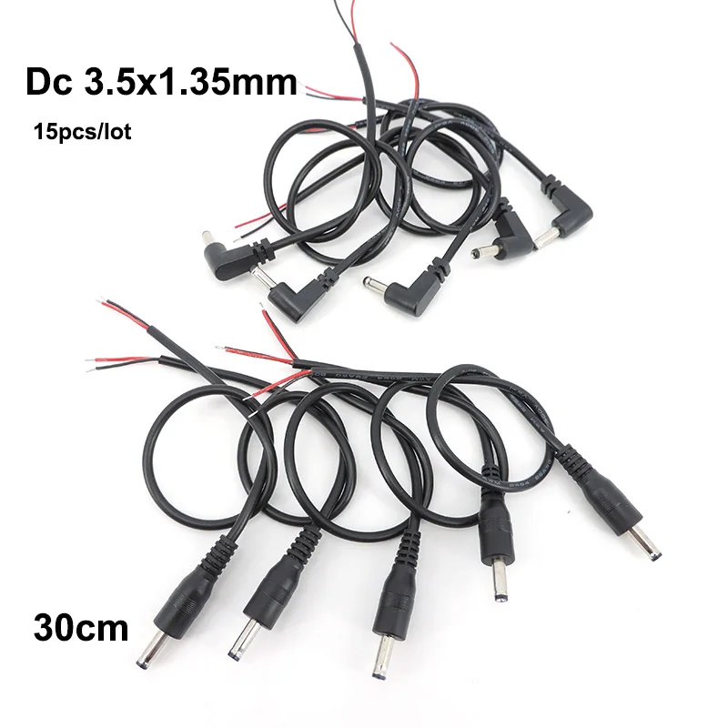 15pcs 0.3m MALE 3.5mm x 1.35mm RIGHT ANGLE STRAIGHT 26awg 90° DC Plug power supply connector cable Cord Tinned Ends DIY REPAIR L