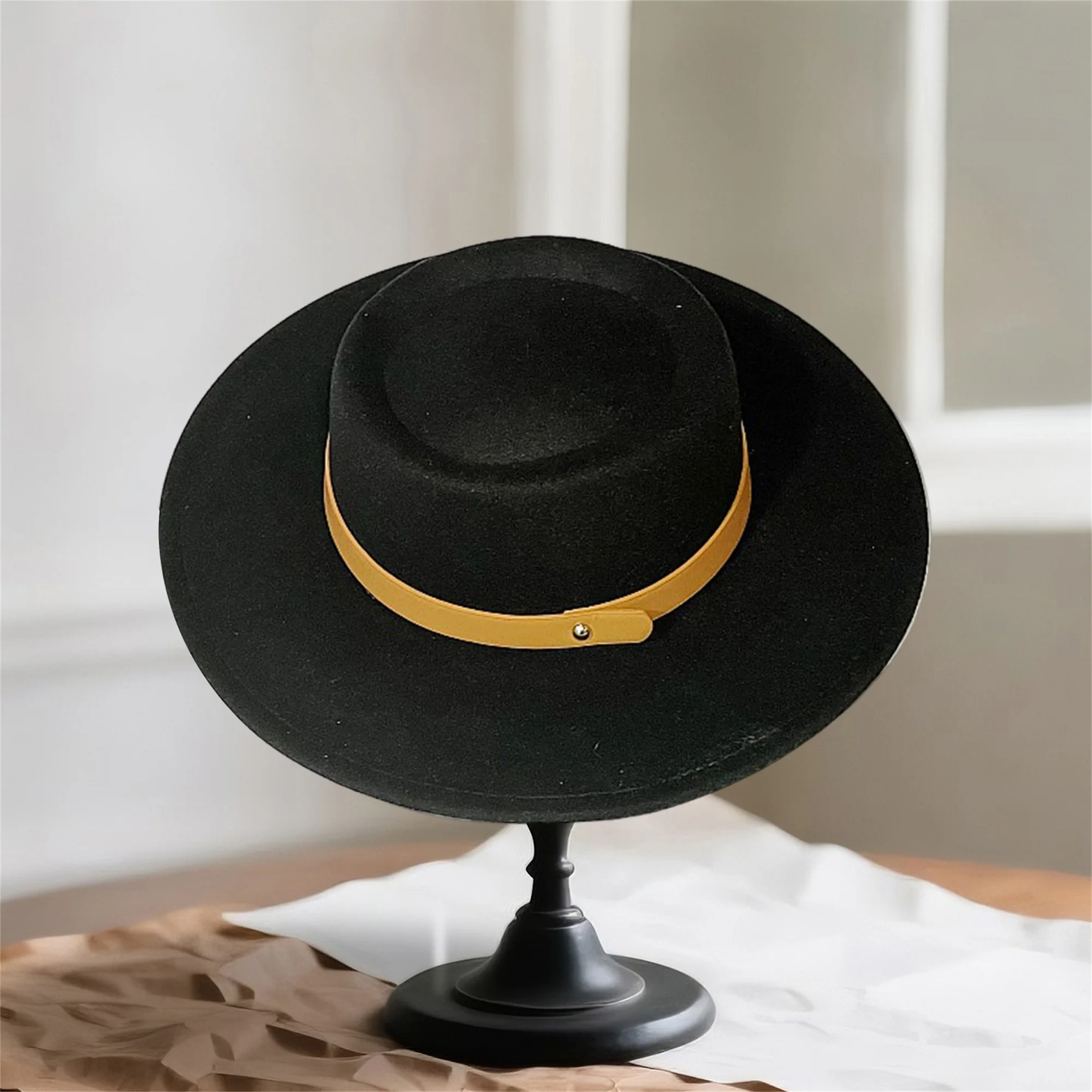 Women s Woolen Top Hats Fashion French Style Wide Brimmed Bucket Cap with Decorative Band for Party Special Occasion