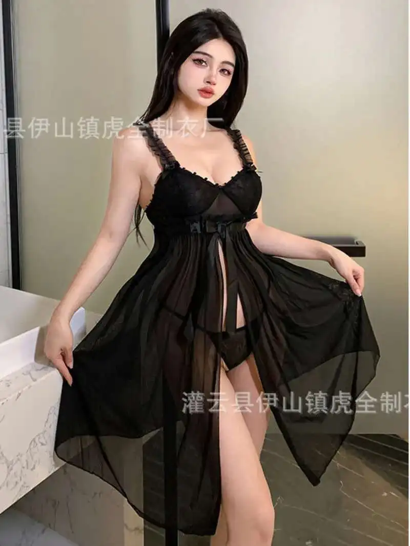 Dress Female Nightdress Pajama Set Spring Summer Transparent V-Neck Woman Erotic Lace Sexy Charming Comfortable Black Dress 08OW