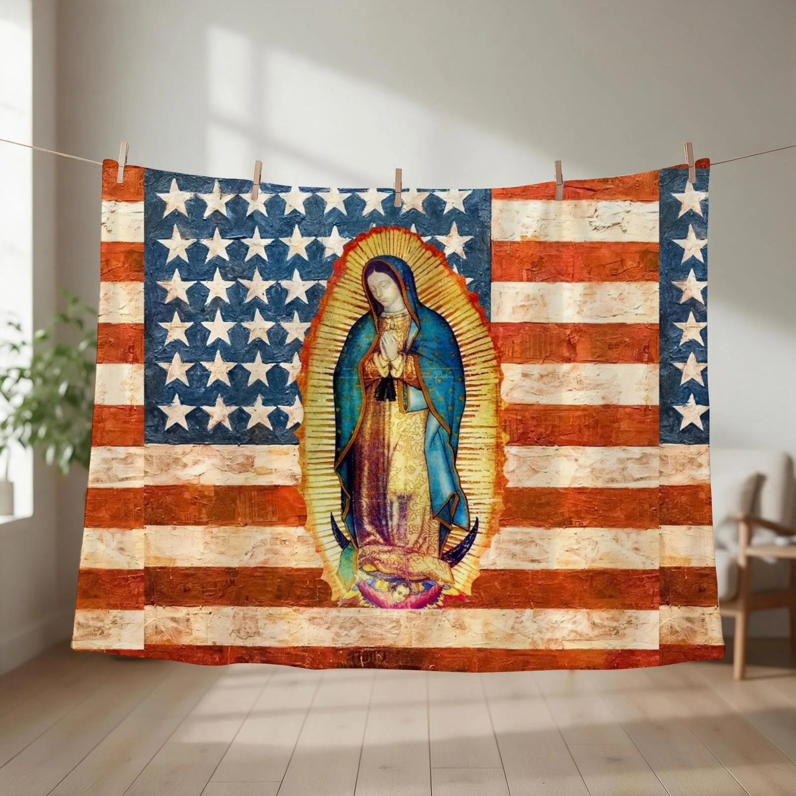 Our Lady of Guadalupe Mexican Virgin Mary USA United States Flag Mexico Catholic Throw Blanket