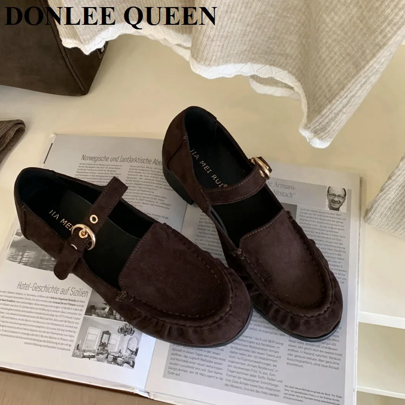Women Retro Mary Jane Loafers Soft Suede Leather Buckle Strap Flat Heel Shoes Vintage Pleated Round Toe Casual Daily Dress Shoes