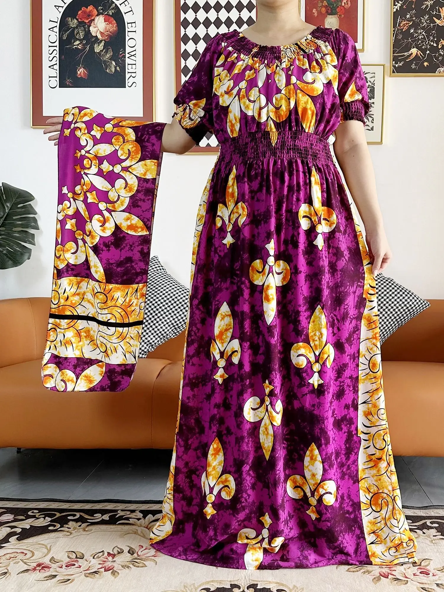 New African Women Dashiki Cotton Floral Dress Printing Summer Short Sleeve Collect Waist Straight Loose Size African Women Abaya