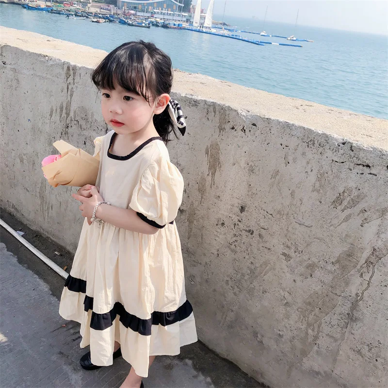 

2022 Summer Baby Girls Short Sleeve Dresses Childen Cotton Beige Cute Robe Infant Korean One Piece Dress Kids Plus Size Clothing