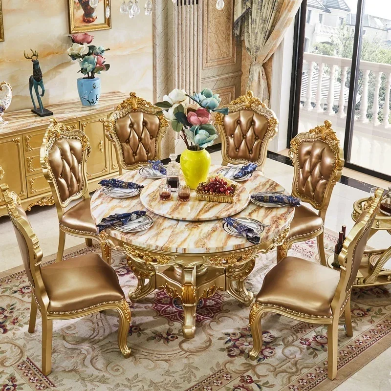 Simple Marble Dining Table Sends Turntable Solid Wood Round Luxury Noble Golden Dining And Chair Combination