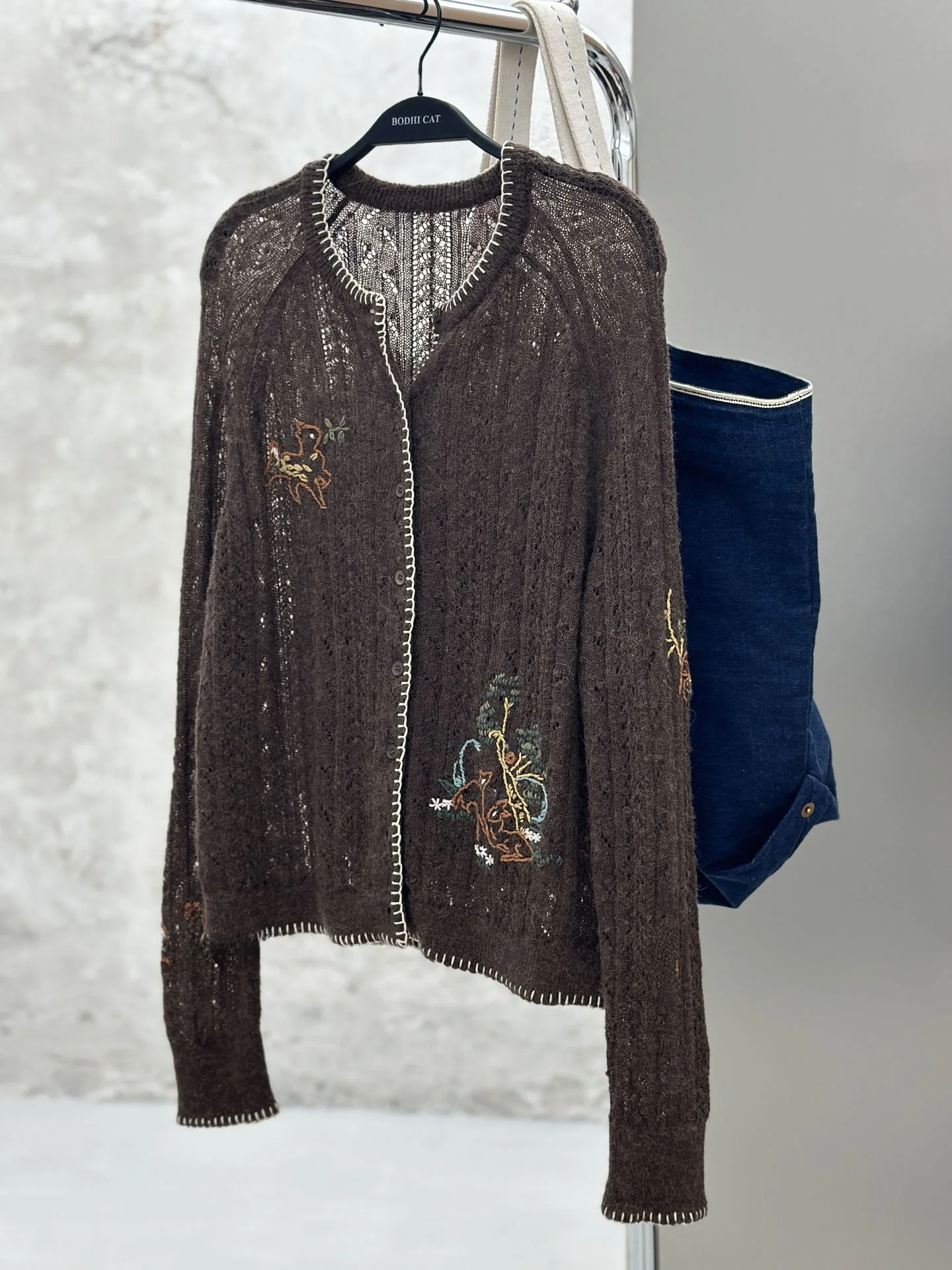 

Hand Embroidered Alpaca Wool Blend Open Cardigan Long Sve oulder Insertion Knitted Sweater for Women Vintage Sle Loose...