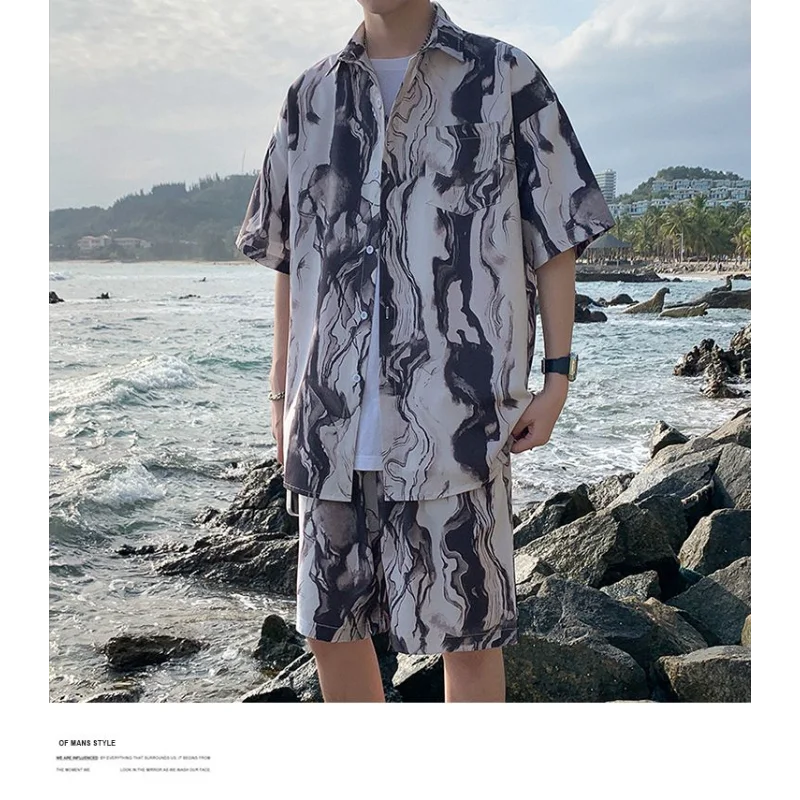 Beach Suit Men's Quick-drying Summer Ice Silk Short-sleeved Floral Shirt Trendy Shorts