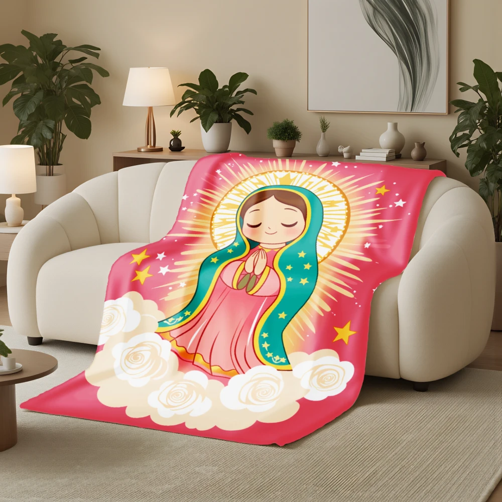 Virgin Mary Cute Cartoon Flannel Blanket Soft Warm Plush Throw for Kids Girls Gifts Home Decor