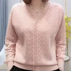 Spring Autumn Fashion Solid Color V-neck Long Sleeve Women's Clothing Cardigan Embroidered Flares Lace Knitting Button slim Tops