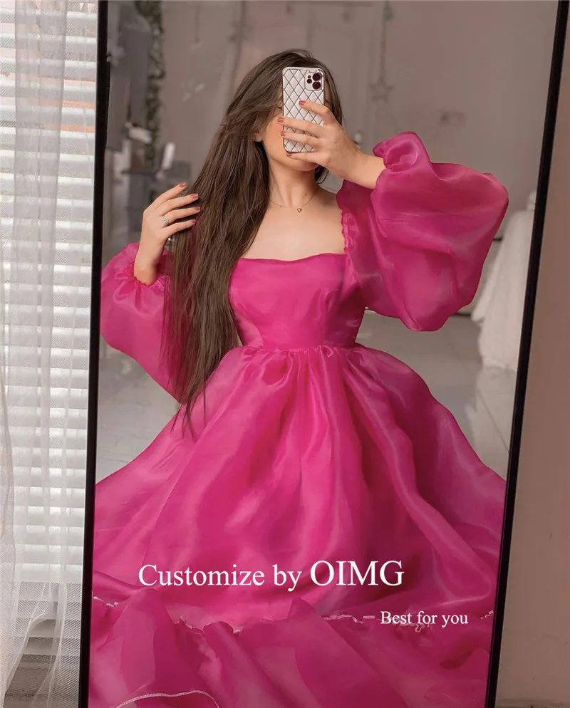 OIMG Simple A Line Organza Prom Dresses Puff Long Sleeves Square Neck Ankle Length Evening Gowns Formal Party Dress