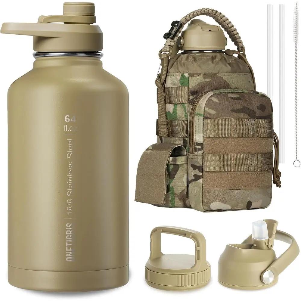 

64 oz Vacuum Insulated Stainless Steel Water Jug with Leakproof Lid, Paracord Handle, and MOLLE Compatible Pouch for Outdoor Use