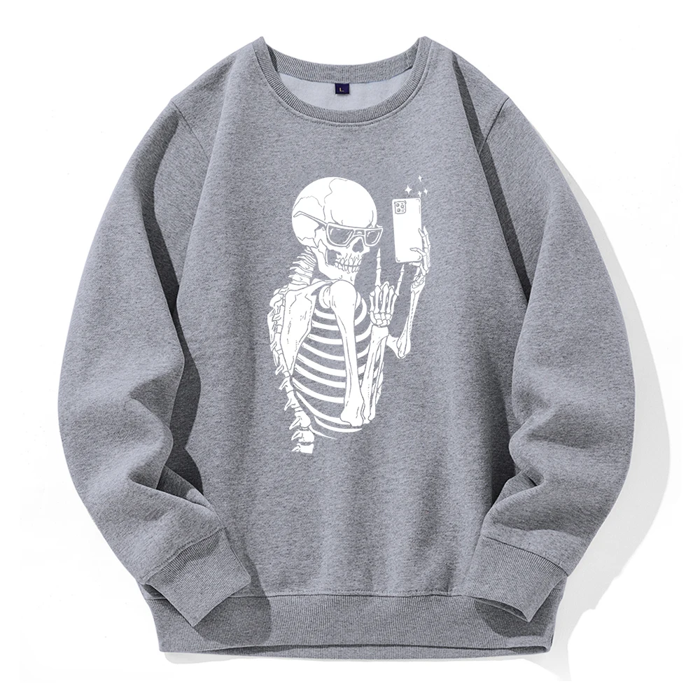 Skeleton : Watch My Cool Selfie Print Hoody Man Breathable Fleece Warm Hooded Shirt Basic Casual Hoodies O-Neck Loose Sweatshirt