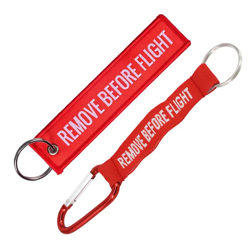 Wish Hot  Sale 2 PCS/Set Remove Before Flight Text Both Sides Embroidery Car Keychain Outdoor Carabiner Key Chain Wholesale