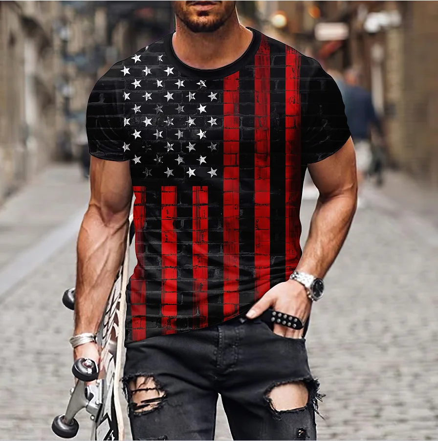 Men\'s Flag 3D Pattern Short Sleeve T-shirt Summer Casual Pullover Men\'s Fashion Loose Sleeve Top