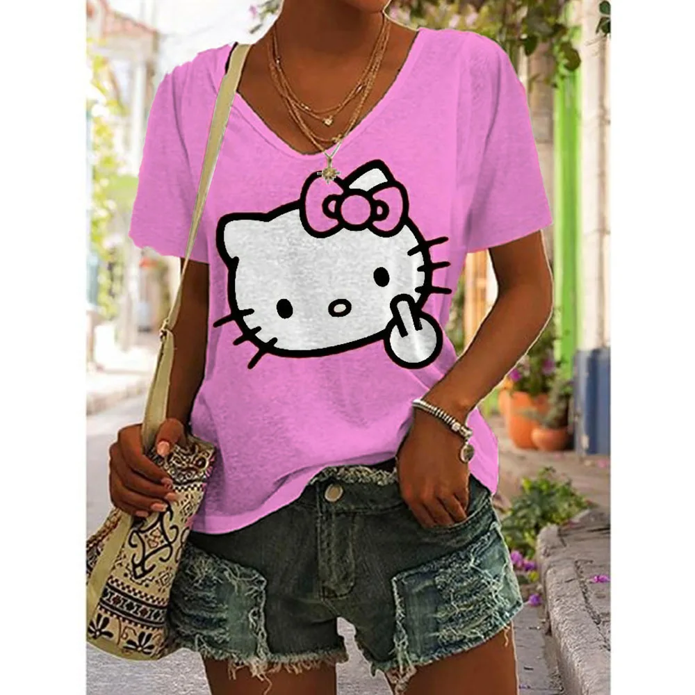 Cartoon T-shirt women\'s Hello Kitty printed short sleeved beautiful V-neck women\'s T-shirt casual summer top women\'s plus size