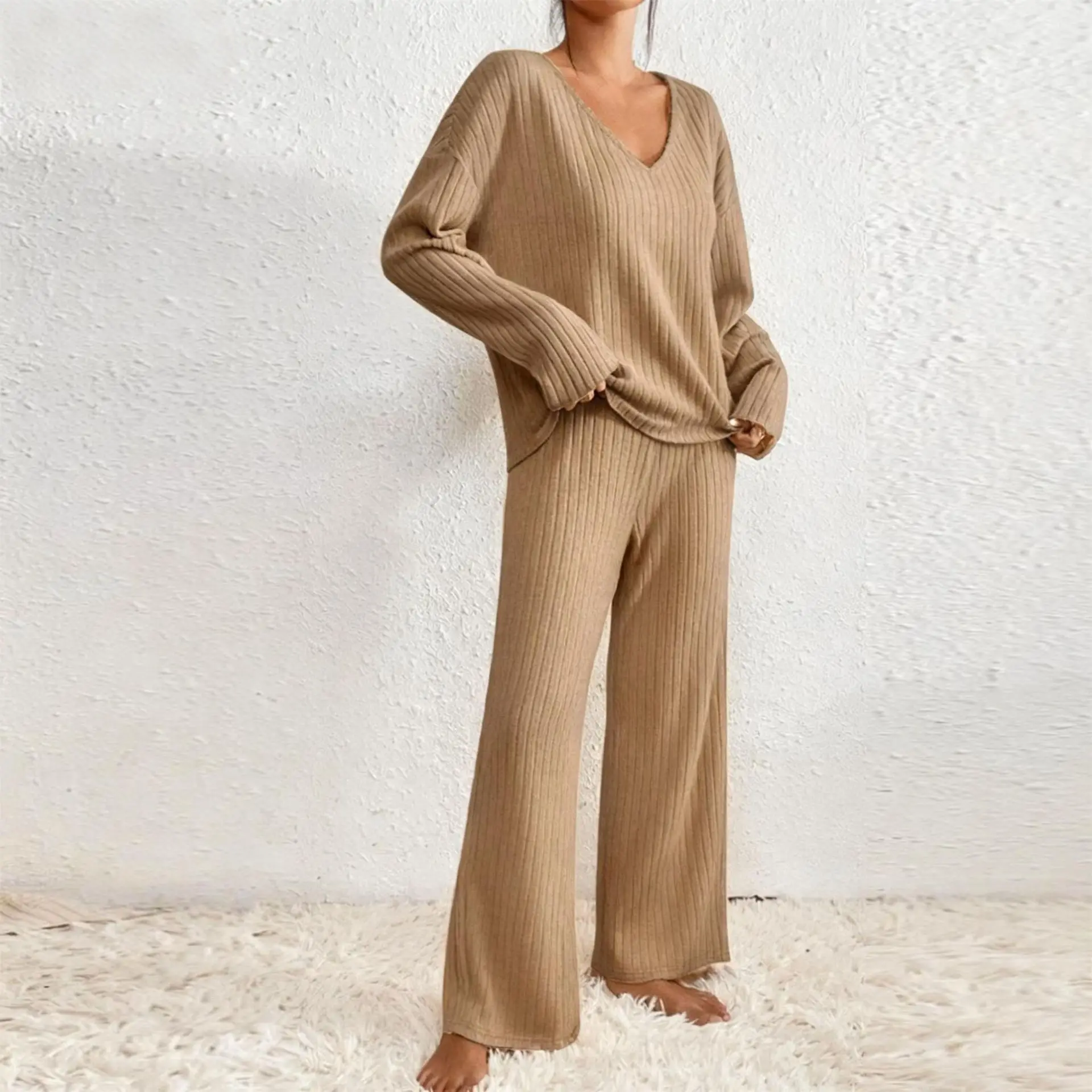 Damen Geripptes Strick-Zweiteiler-Set V-Ausschnitt Langarm-Oberteil Weite Hose Herbst Locker Lässige Loungewear Eleganter Hausanzug – Detail 23