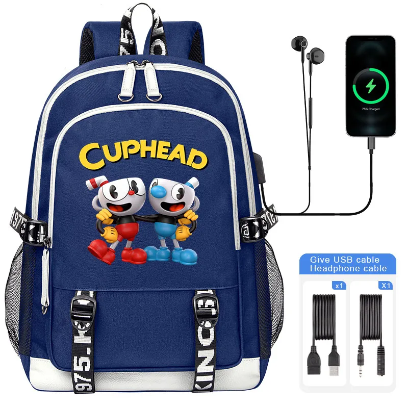 Cuphead Mugman School Bags Boys Girl Student Shoulder Backpack For Teenager USB Charging Laptop Backpack Mochila Travel Bag