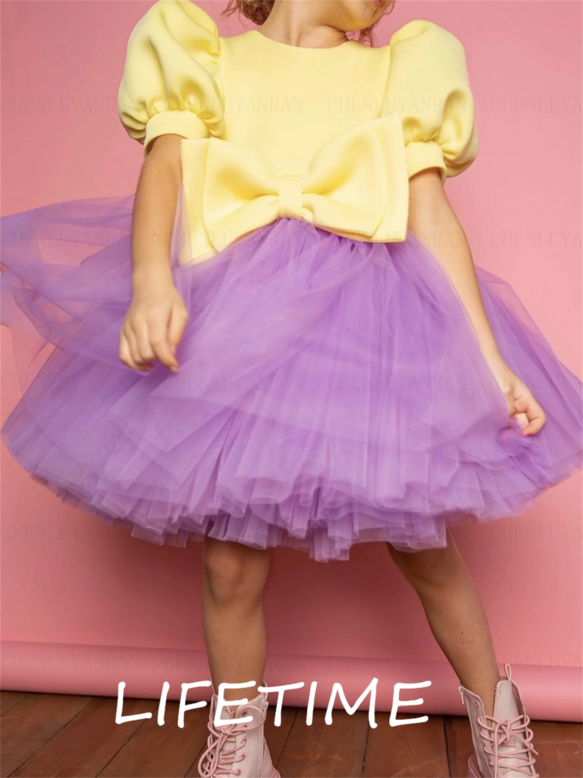 

Purple Flower Girl Dress O-Neck A-Line Tulle Girl Princess Wedding Party Dress Knee-Length Short First Communion Gown Dress