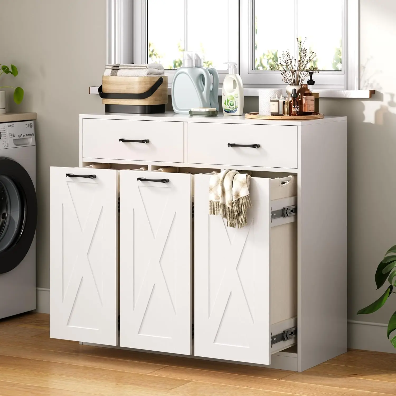 Laundry Hamper Cabinet, Laundry Basket 3 Section with 2 Storage Drawers, Laundry Sorter with Pull-Out Removable, Customized