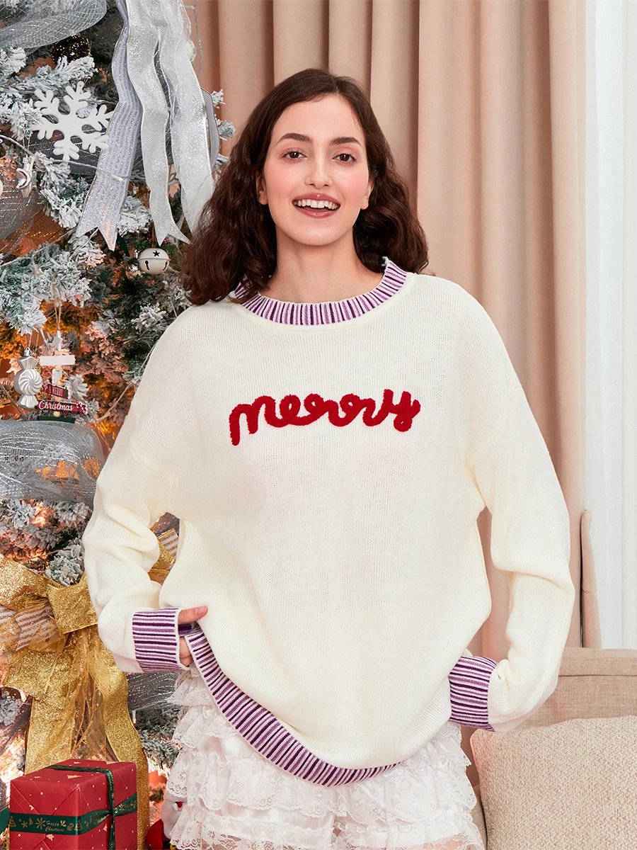 Women's Christmas Sweaters Long Sleeve Round Neck Letter Embroidery Loose Pullover Knit Tops