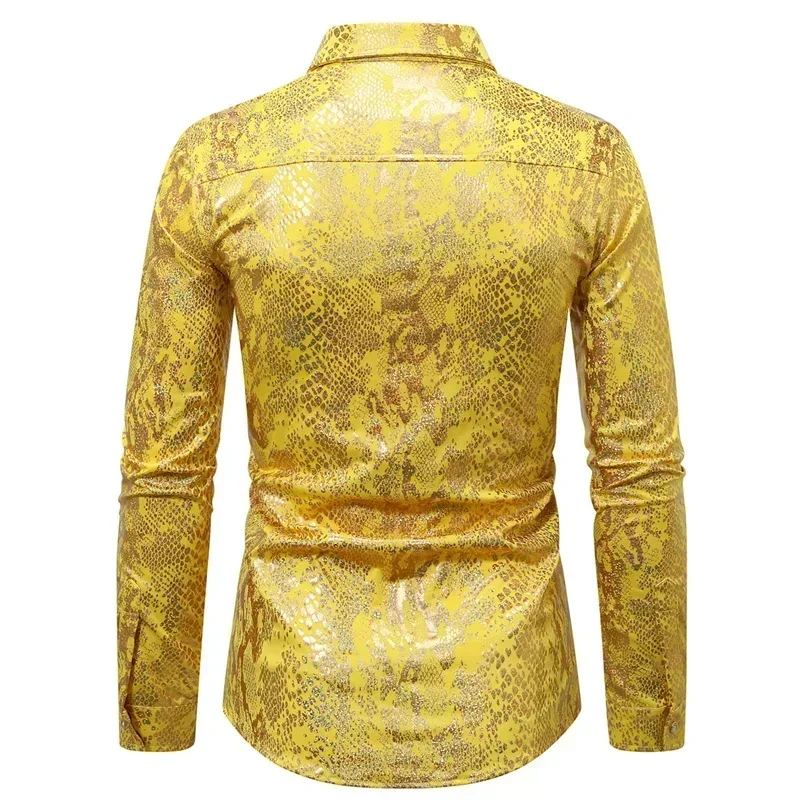 S-3XL 2025 New Nightclub Snake Print Shirt Men Clothing Gold / Silver Fashion Singer Stage Performance Dress Loose Tops