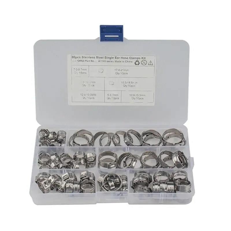 80PCS 304 Stainless Steel 5.8-23.5mm Single Ear Stepless Clamp Crimp Hose Clamps Assortment Kit For Single Ear Hose Clamp