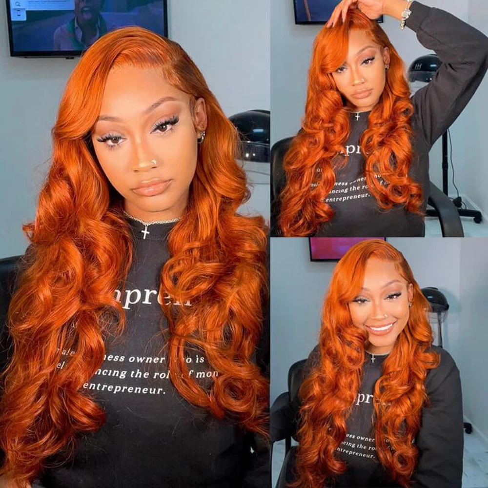 #350 Ginger Orange Body Wave Lace Frontal Human Hair Wig 13X6 HD Transparent Body Wave Lace Front Wigs Human Hair 180% Density