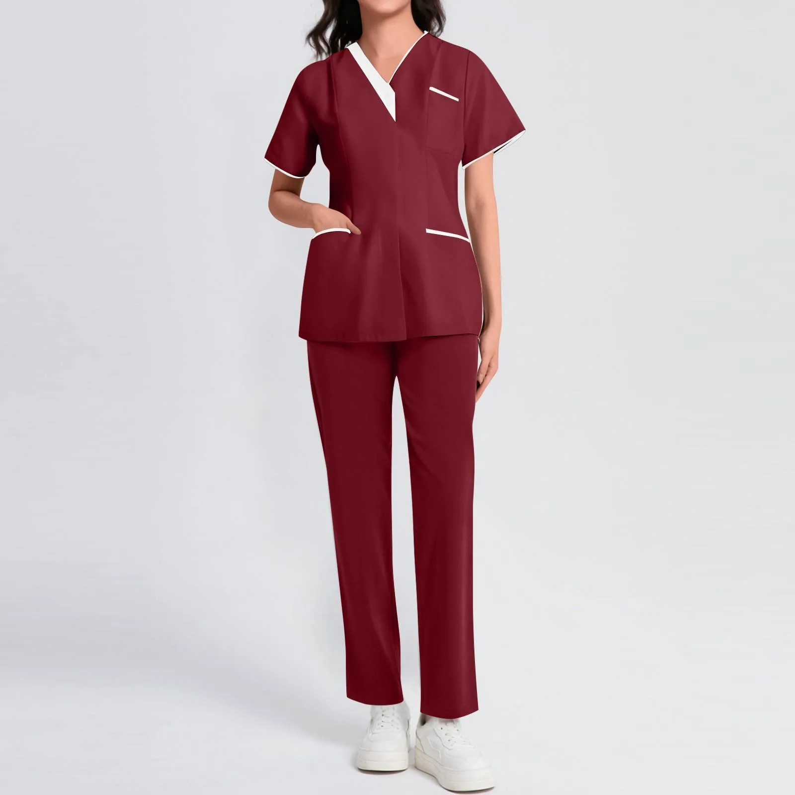 Uniformes médicos femininos com decote em v manga curta enfermeira scurbs conjunto hospital médico workwear cirurgia dental oral conjunto de trabalho