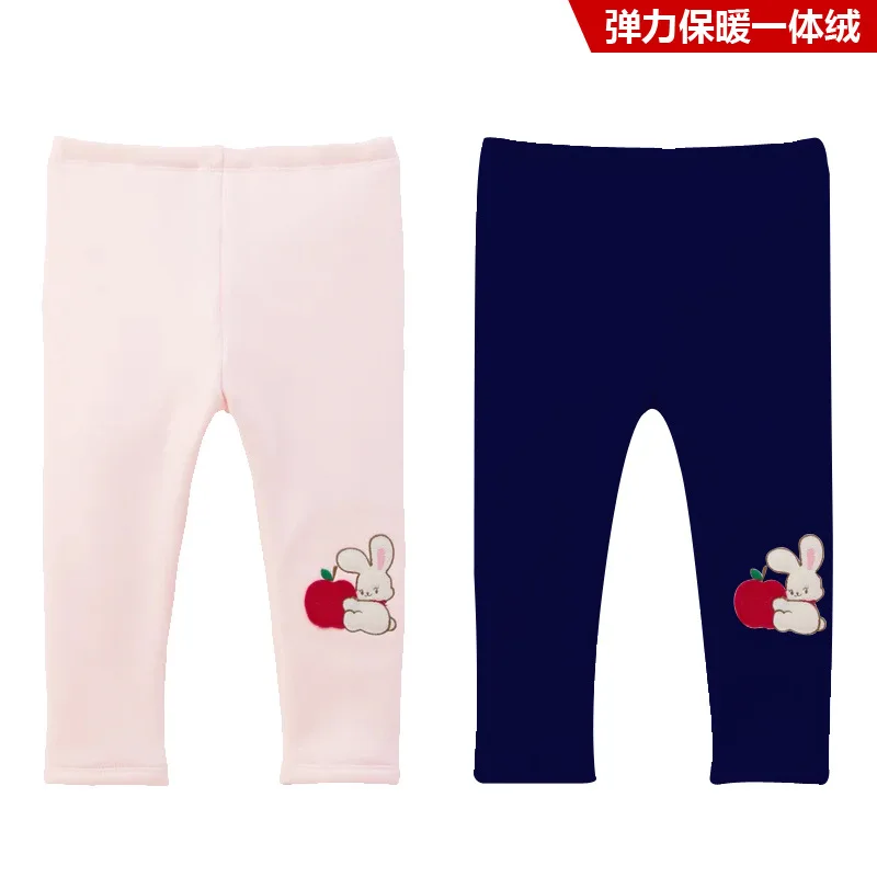 Girls Autumn Winter Fleece Lined Leggings Japanese Cartoon Bunny Apple Embroidery Warm Long Pants Casual Trousers Cozy Fall Kids