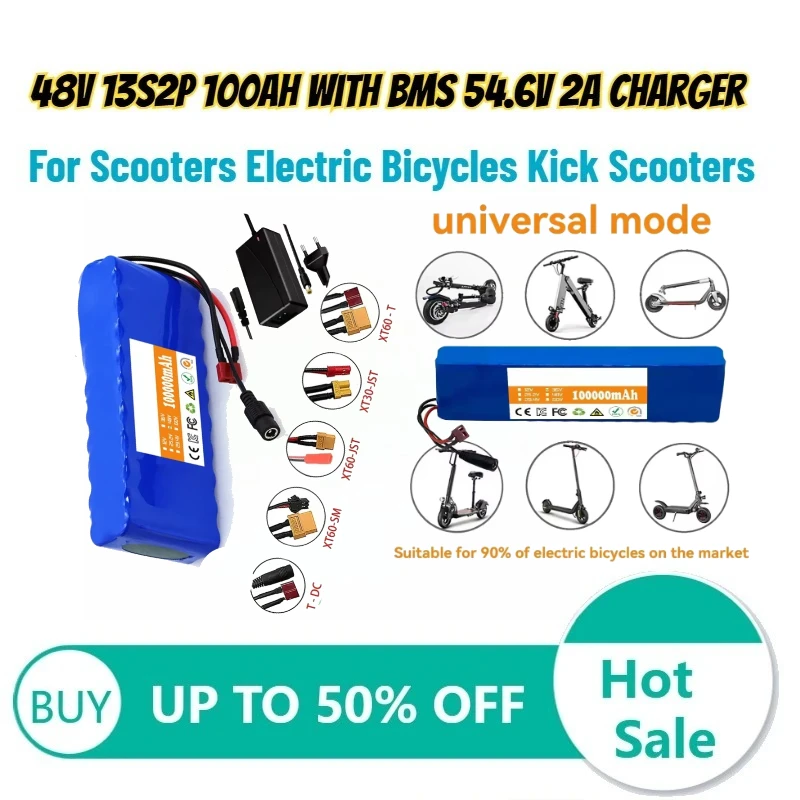 48V 13S2P 100Ah Lithium Battery with BMS 54.6V 2A Charger for Scooters Electric Bicycles Kick Scooters Rechargeable Battery
