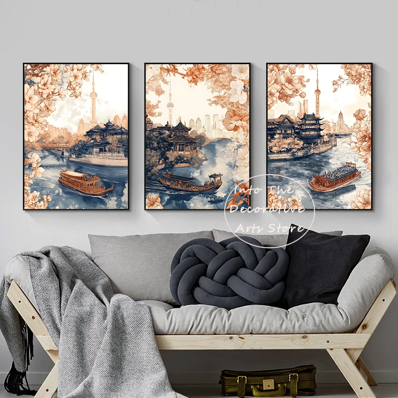 Vintage Japanese Cherry Blossoms Watercolor Misty Pavilion Moon Style Art Poster Canvas Paintings Elegant Home Interior Decor