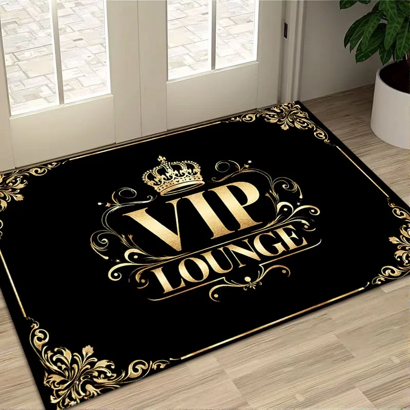 VIP Lounge Gold Crown Welcome Mat, Sophisticated Black Floral Entryway Rug, Non-Slip Washable Floor Mat for Indoor Outdoor