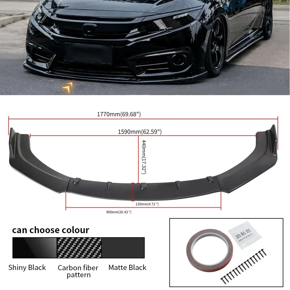 3Pcs Car Front Bumper Spoiler Splitter Lip Diffuser Bumper Racing Lips Cover Trim Body Kit For Honda Civic Sedan 4Dr 2016-2019